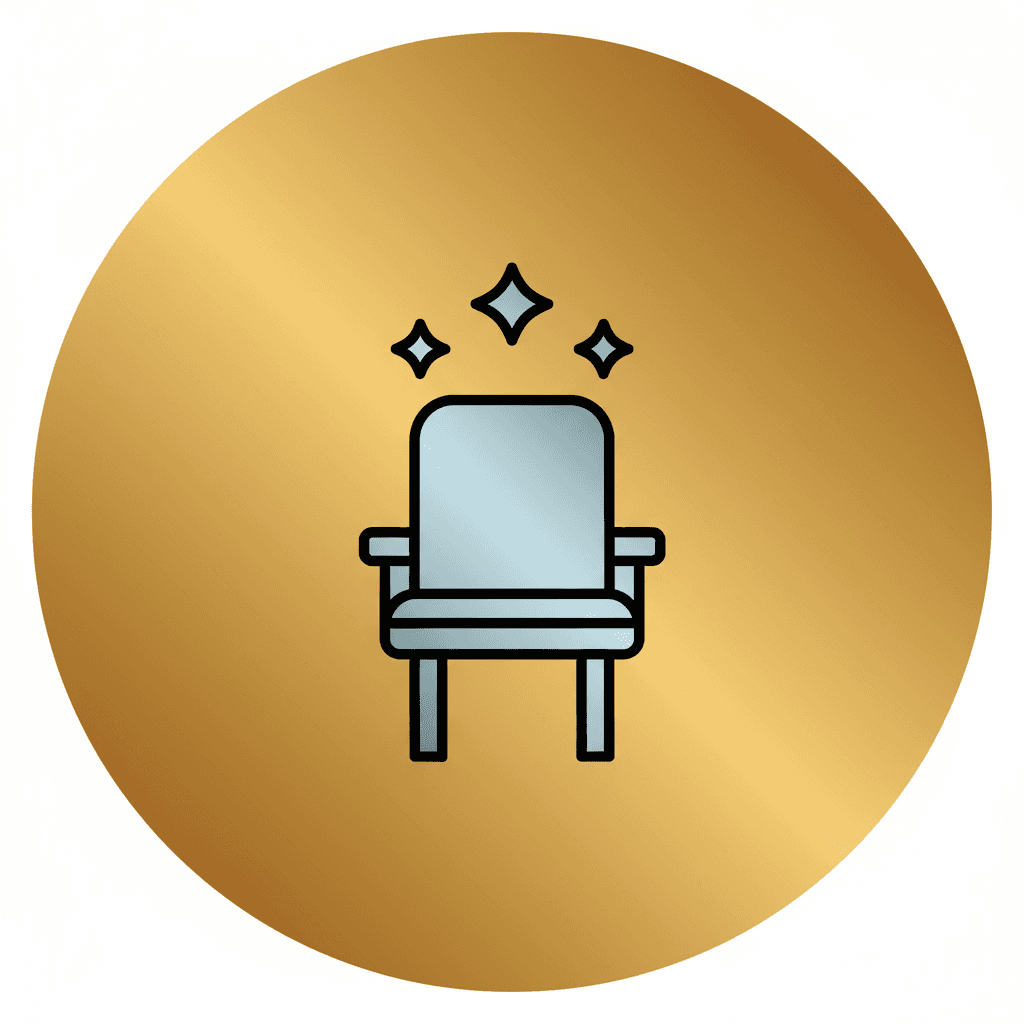 Professional furniture cleaning with orange gloves on office chair