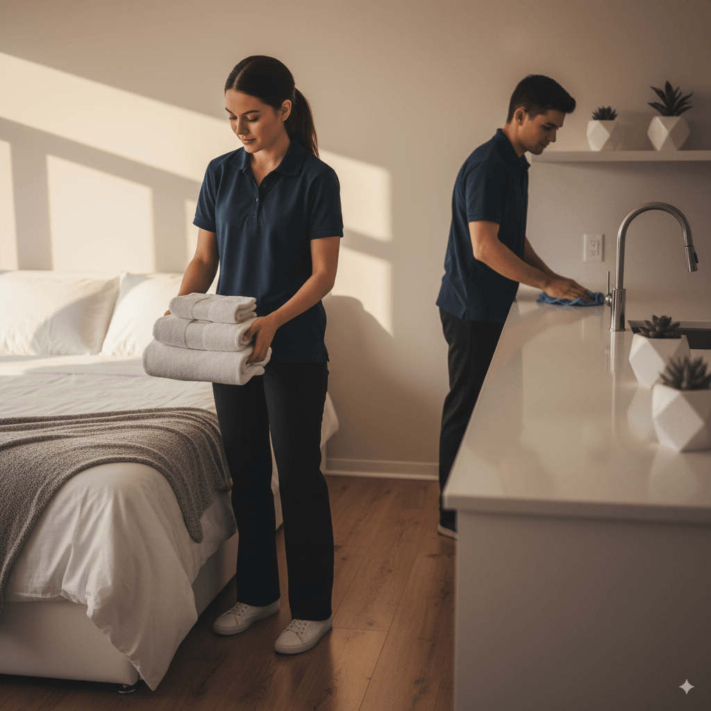 Cleaning crew preparing an Airbnb apartment, placing fresh towels on the bed and wiping the kitchen counter in a stylish, sunlit space.