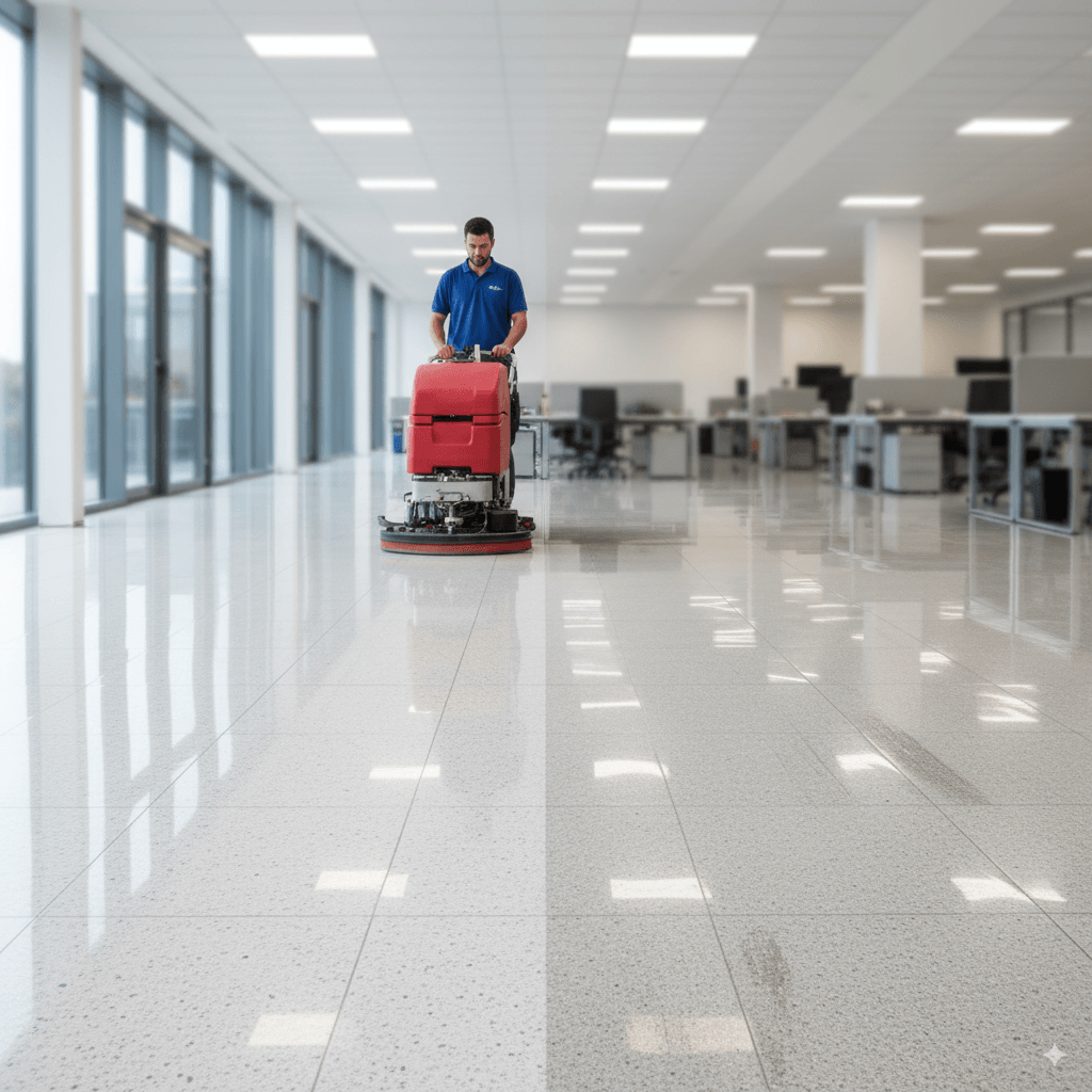 Cleaner in uniform operating a professional floor scrubber machine on shiny office floors with polished reflections.