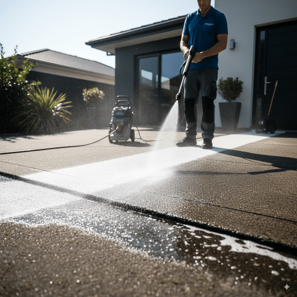 Cleaner pressure washing a driveway in front of a modern home, spraying water that sparkles in the sunlight.