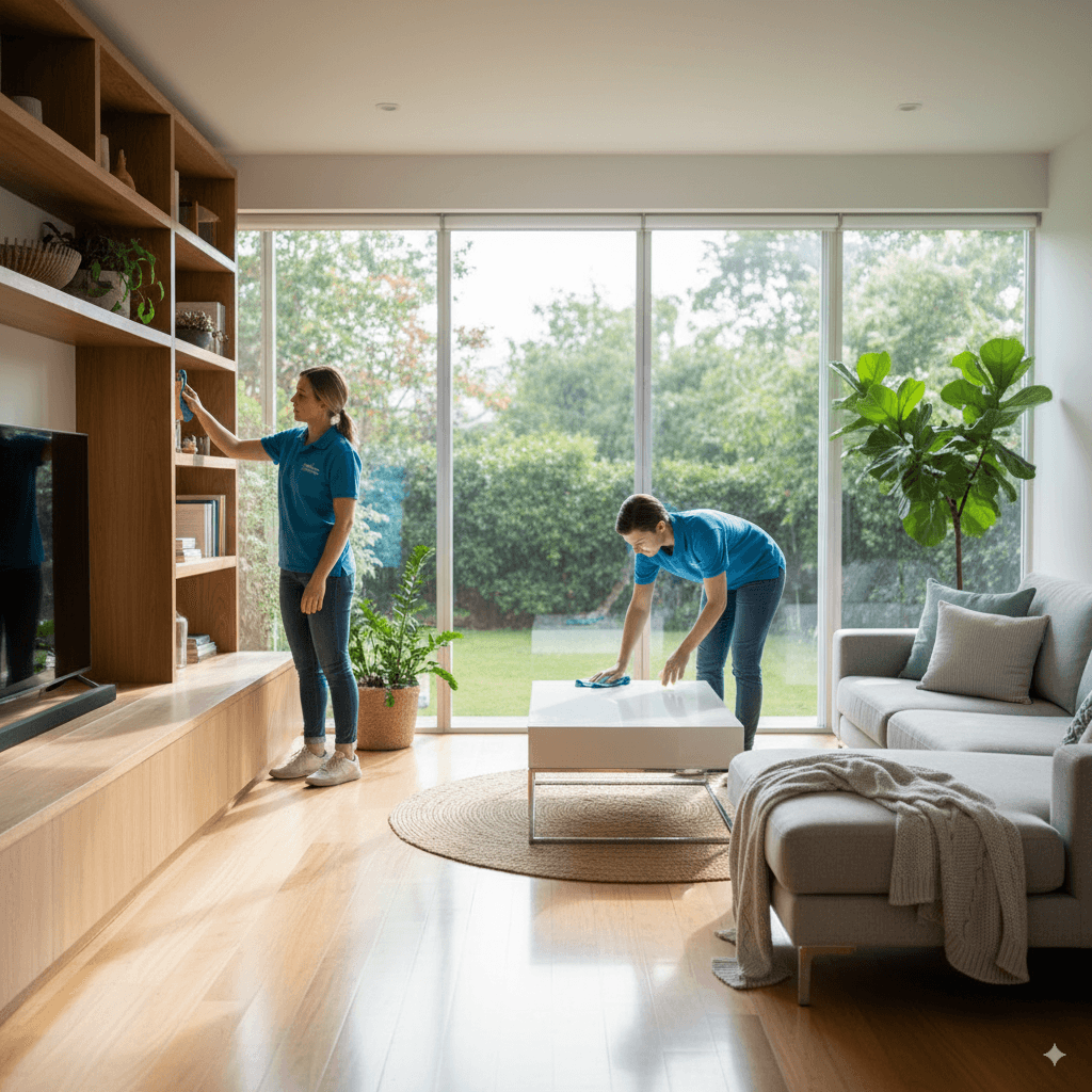 Professional cleaners in blue uniforms dusting and wiping a bright modern living room with wooden floors and indoor plants.